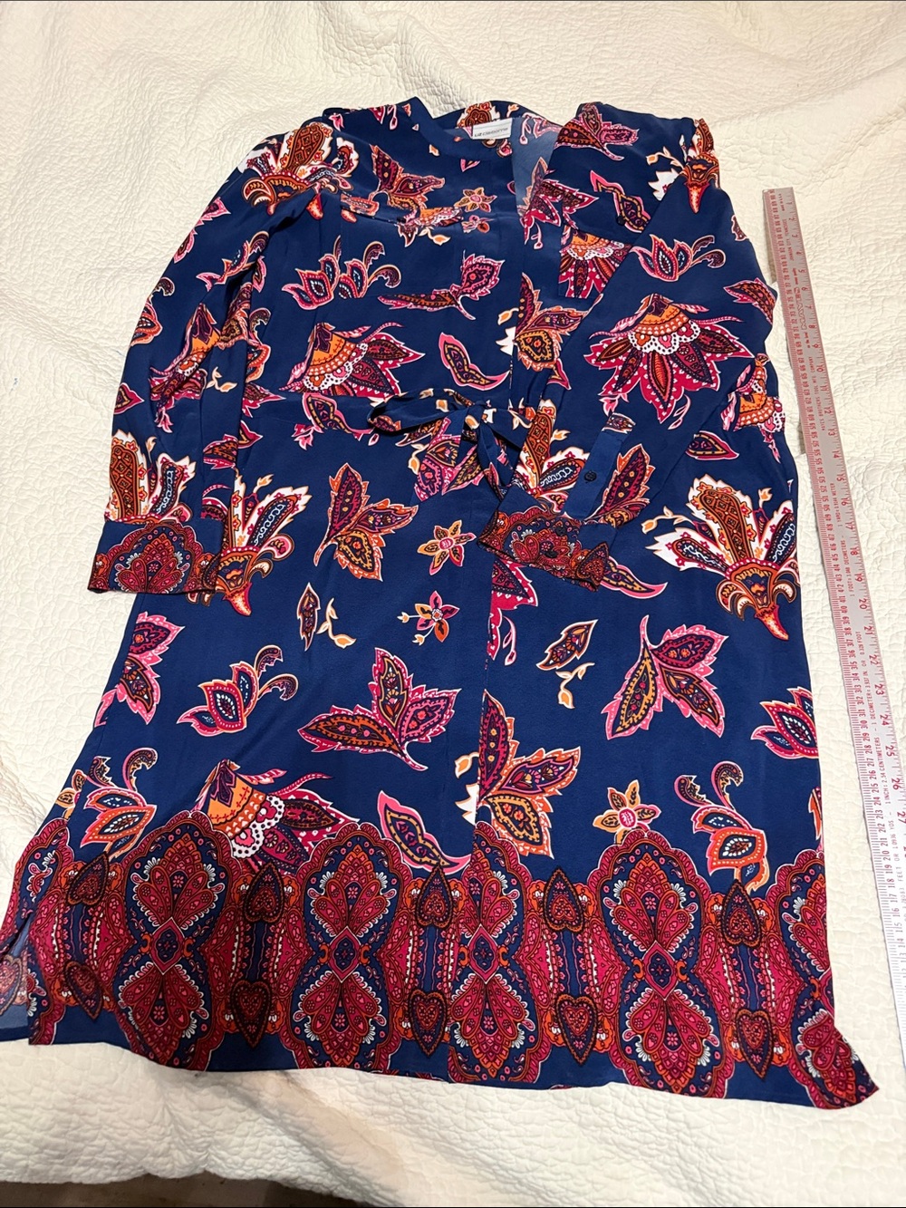 Liz Claiborne Navy Floral Paisley Long Sleeve Dress with Pink & Orange Accents